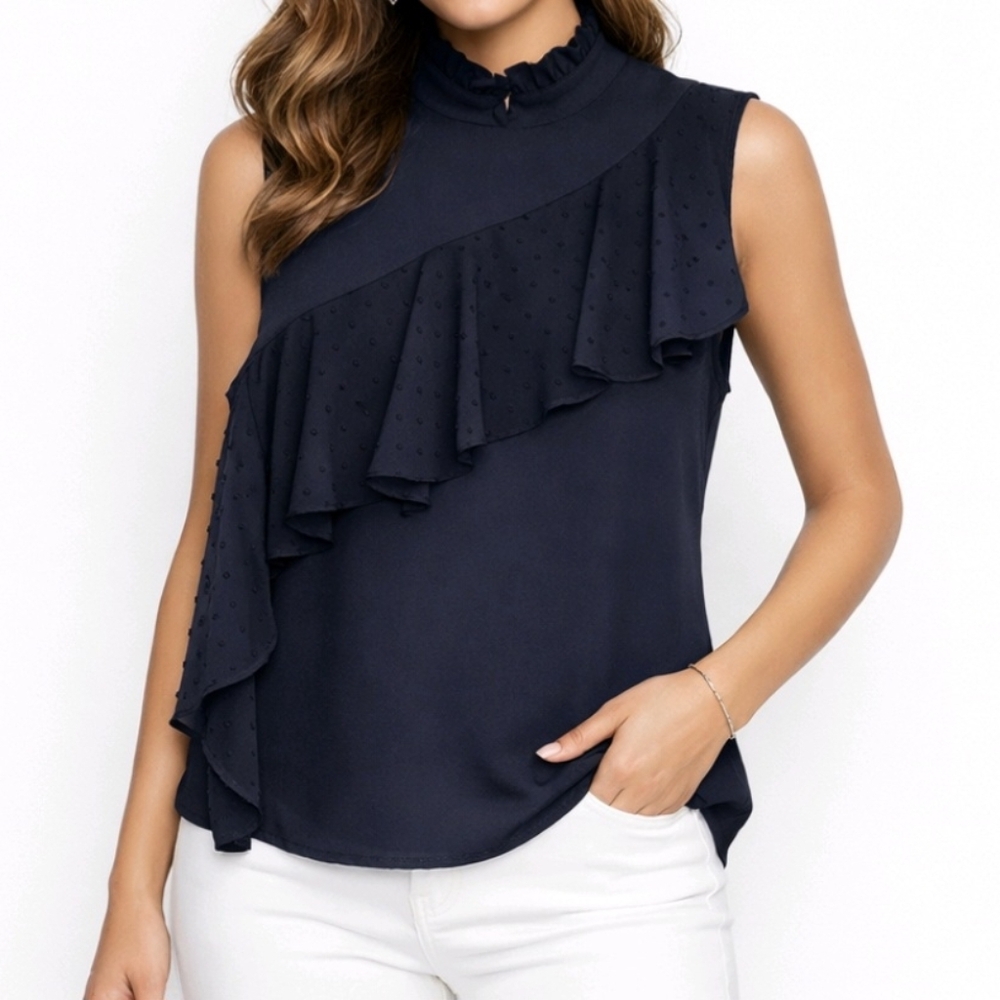Miss Selfridge Blouse NEW Black Chiffon Ruffle Polka Dot Sleeveless Size…